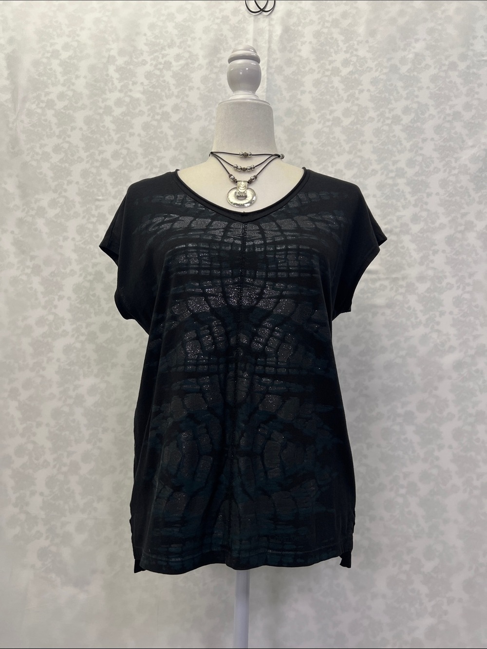 Calvin Klein Jeans Black Short Sleeve V-Neck Top with Subtle Glitter Pattern